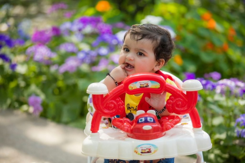 Crafting Captivating Headlines: Your awesome post title goes here Charming baby in a walker enjoys a sunny day in a vibrant garden full of colorful flowers.