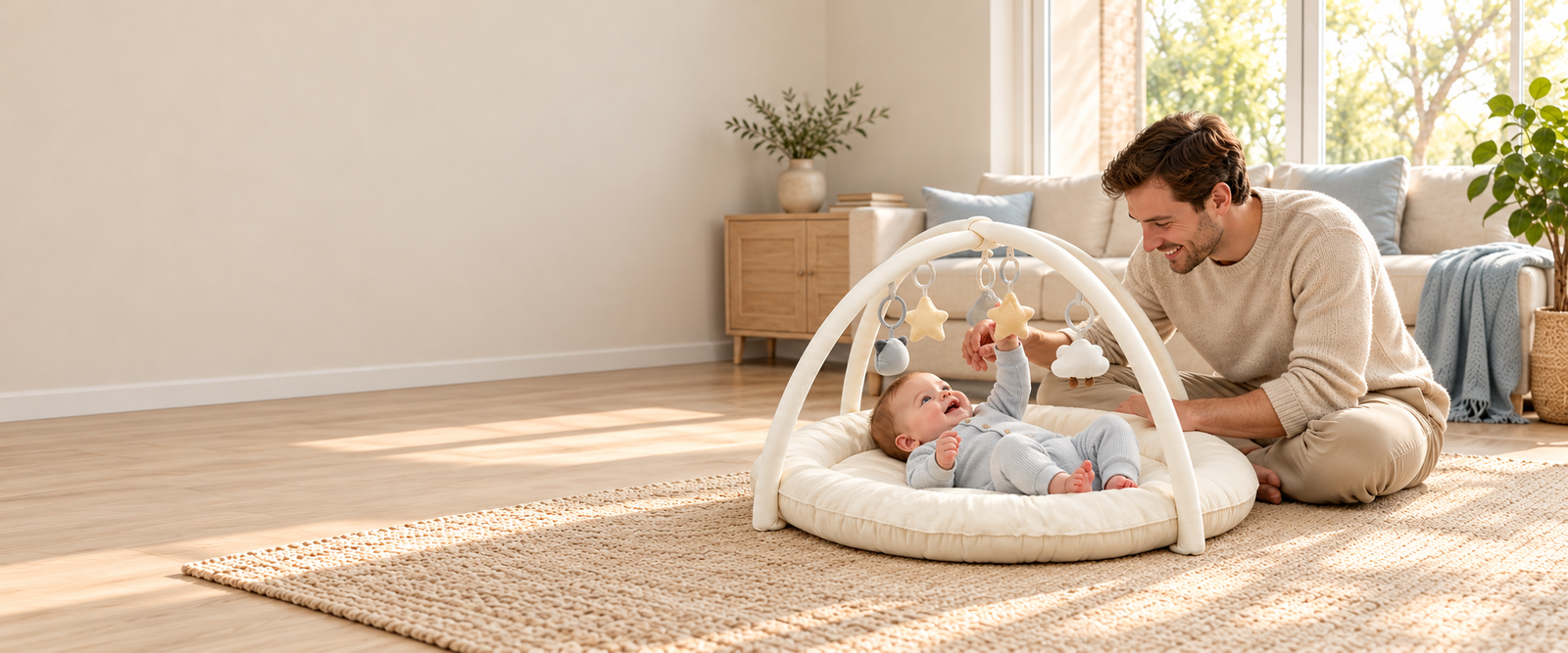 Father and baby using the cream play gym with the complete scene visible