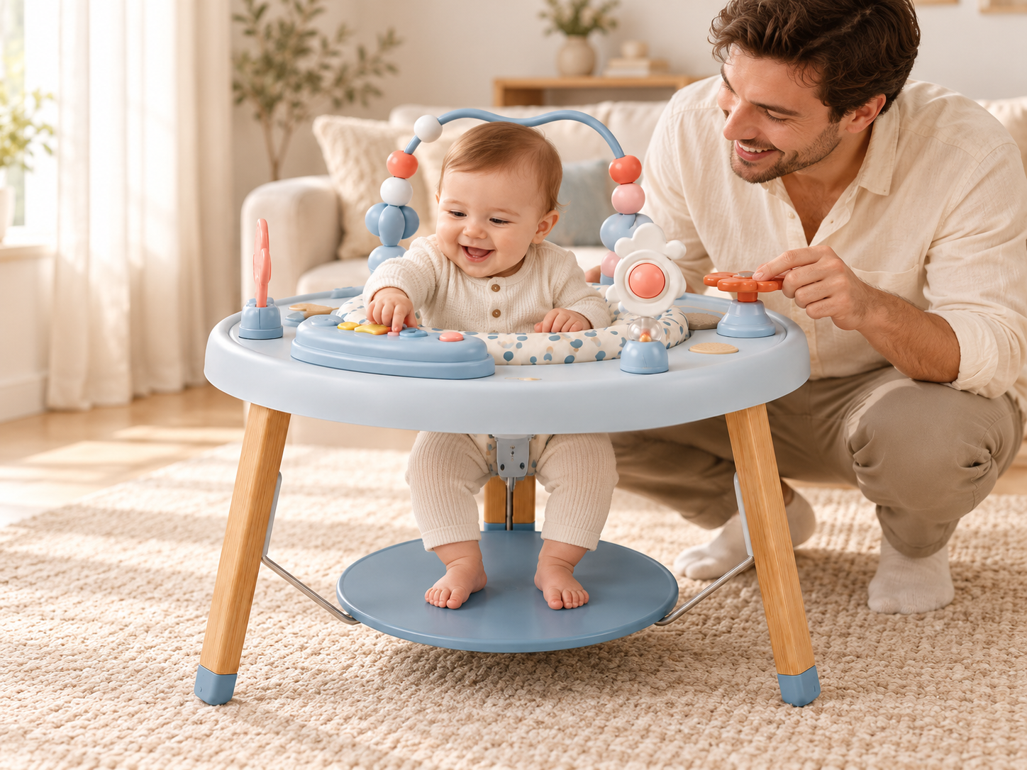 Father and baby playing with the blue wooden-leg activity center at home