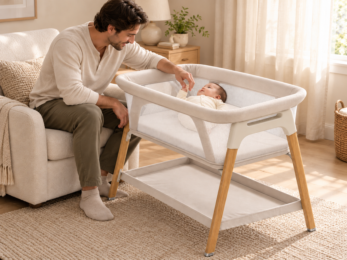 Father interacting with his baby in the ivory mesh bassinet with wood legs