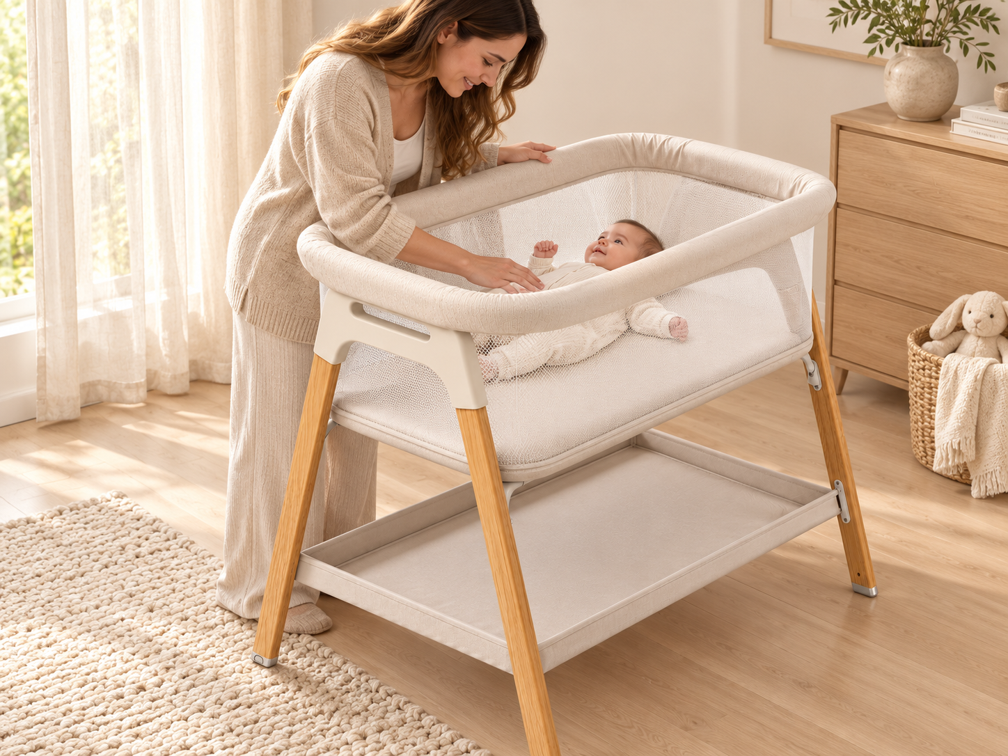 Mother beside her baby using the ivory and wood bassinet in a beige nursery