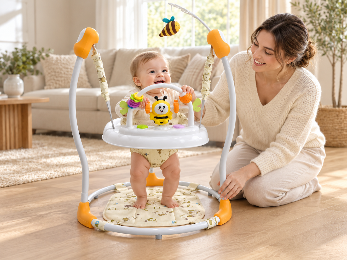Baby using the bee-themed jumper with an attentive mother in a beige living room