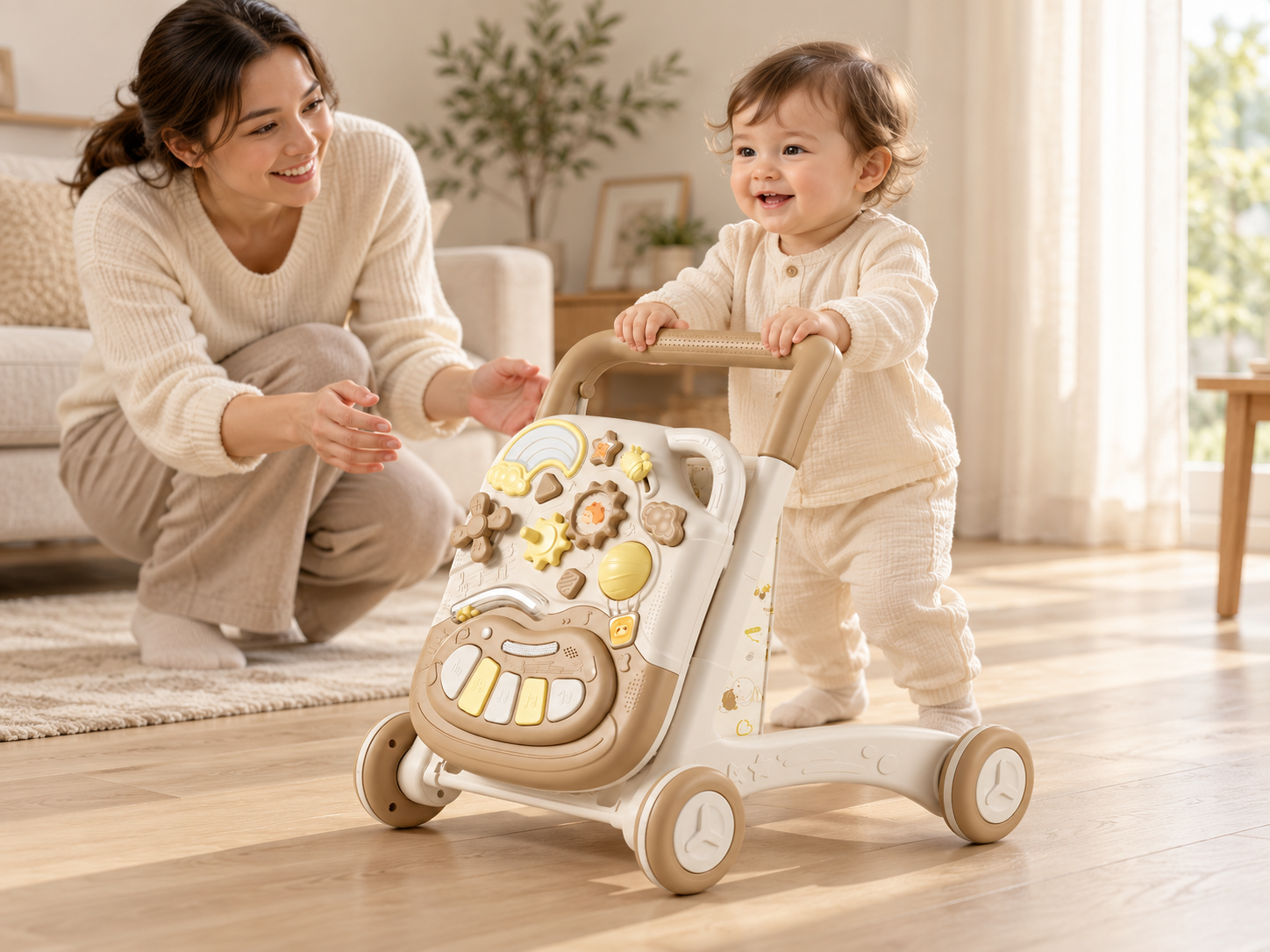 Toddler using the ivory activity push walker with a supervising mother